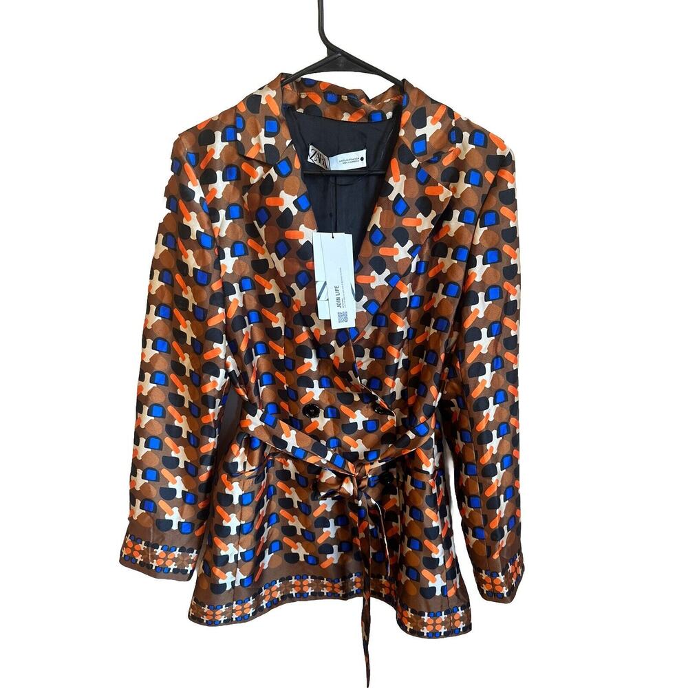 Zara New Collection printed blazer w/belt brown size XS 3330/526 NWT Kimono